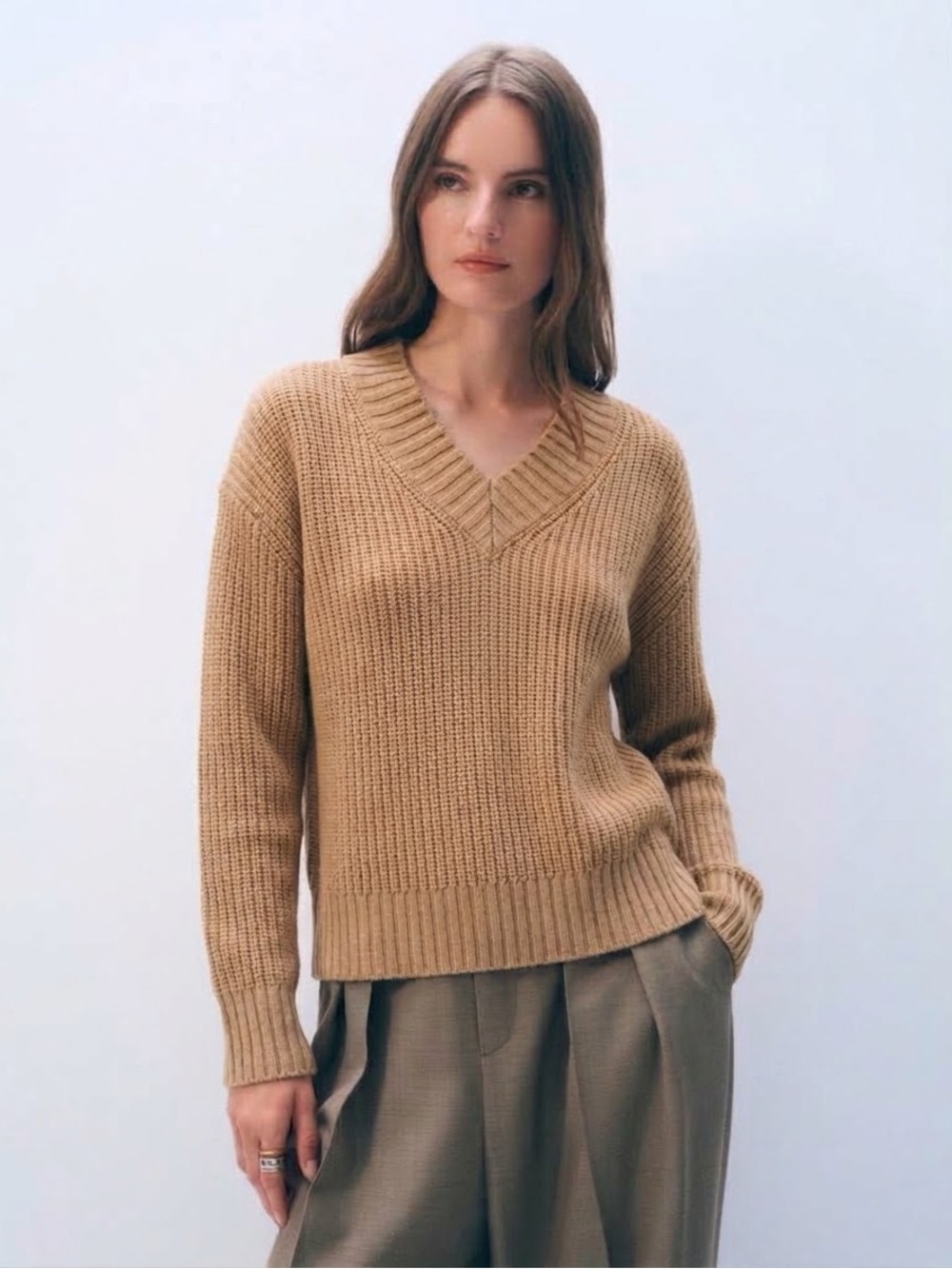 NWT NakedCashmere Classic V-Neck Ribbed Sweater in Camel